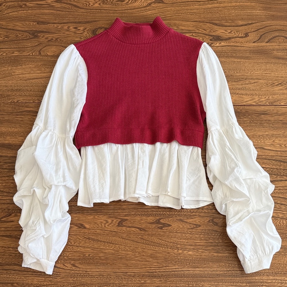 Anthropologie Mixed Media Knit Burgundy Sweater with White Ruffle Sleeves- Size